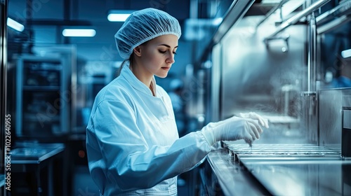 Woman in a Cleanroom Setting Working with Precision Instruments