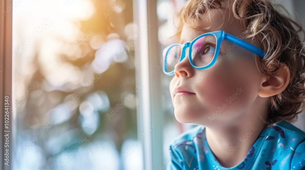 Young child wearing blue glasses focusing on distant tree outside window, symbolizing myopia prevention and importance of outdoor activities. Young child wearing blue glasses focusing on distant tree outside window, symbolizing myopia prevention and importance of outdoor activities.