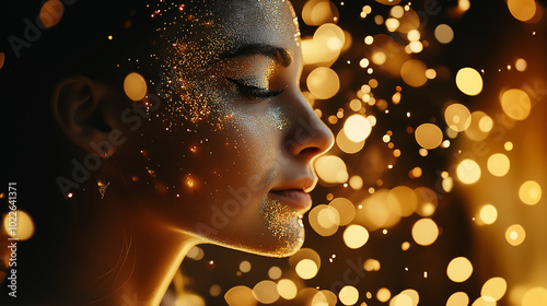 Empowering portrait of a woman with glitter, surrounded by glowing festive lights