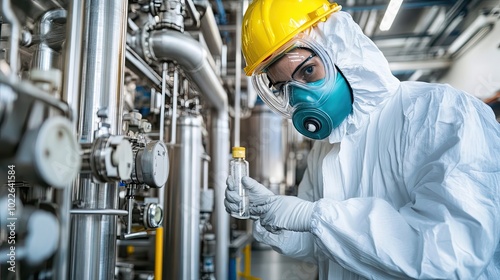 Worker in Protective Gear Examining Sample in Industrial Setting