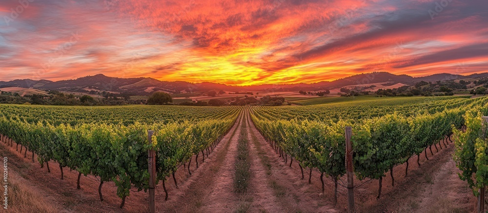 Fototapeta premium A scenic view of a vineyard at sunset, with rows of grapevines leading to a vibrant sunset sky.