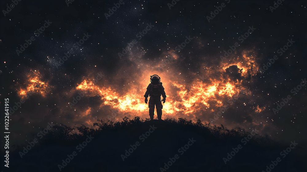 Fototapeta premium Silhouetted Astronaut Stands on a Hilltop Against a Fiery Starry Night Sky