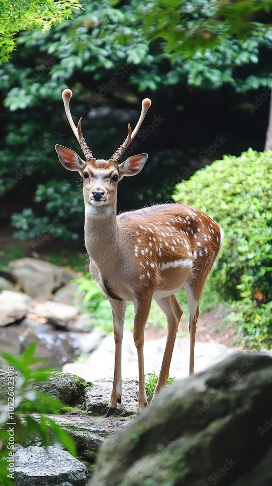 Fototapeta premium A serene deer stands gracefully by the tranquil stream in a lush green garden setting