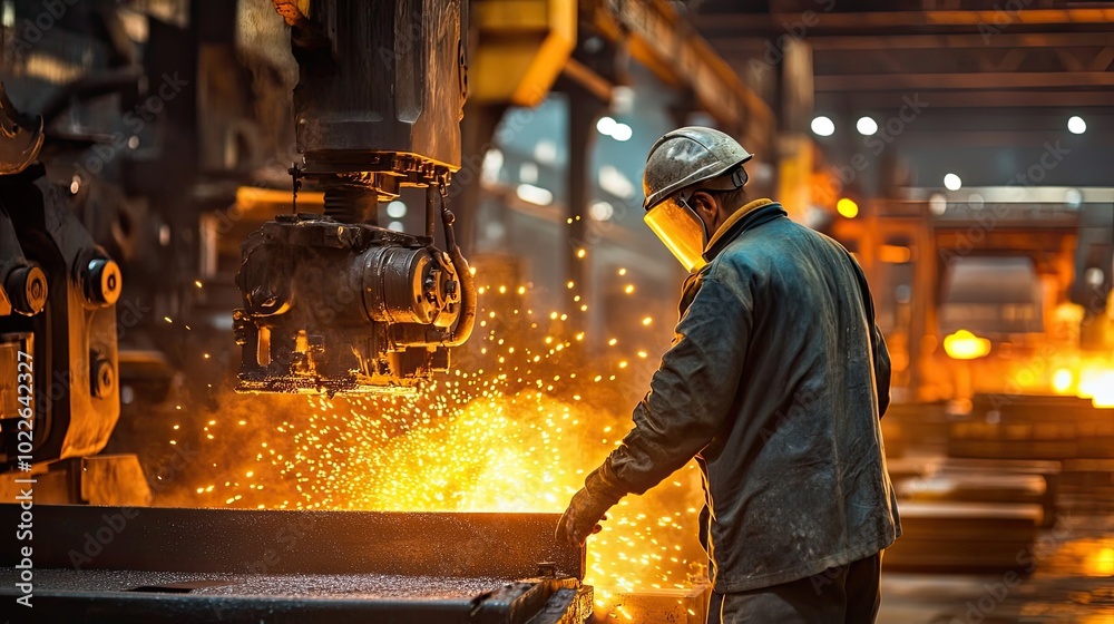 Industrial Worker Operating a Machine with Sparks Flying Industrial Worker Operating a Machine with Sparks Flying