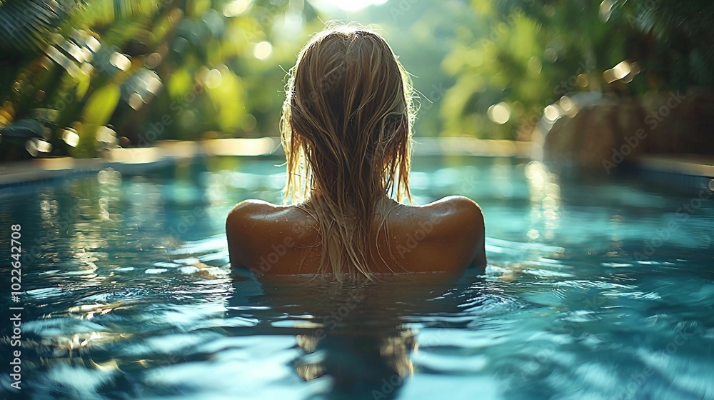 Woman Relaxing in a Pool with Tropical Plants in the Background Woman Relaxing in a Pool with Tropical Plants in the Background