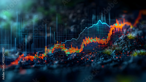 Abstract Digital Chart with Upward Trend and Rocks in Foreground