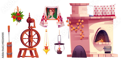 Old village russian kitchen interior elements. Cartoon vector illustration set of rural house inside ancient objects - stone stove with fire and curtain, wooden spindle wheel, hanging kerosene lamp.