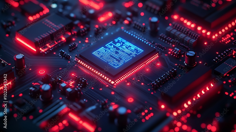 Circuit Board with Glowing Blue Chip and Red LEDs, Close-up Circuit Board with Glowing Blue Chip and Red LEDs, Close-up