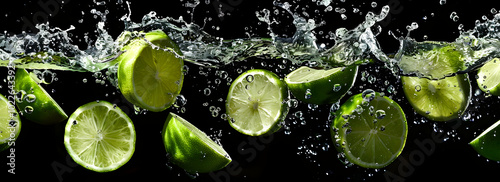 A high-speed photograph of limes and ice cubes splashing into water against a black background, creating dynamic compositions for commercial photography