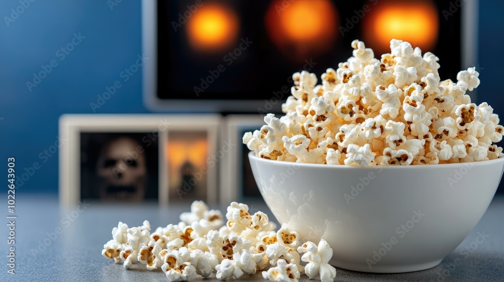 A Bowl of Popcorn with a Television in the Background A Bowl of Popcorn with a Television in the Background