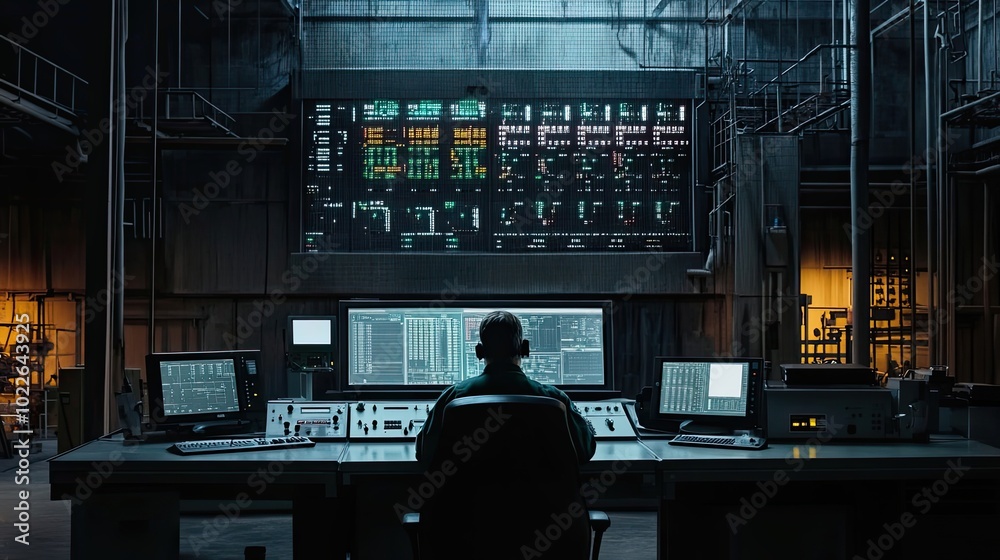 A lone operator working in a dimly lit control room with multiple screens displaying data A lone operator working in a dimly lit control room with multiple screens displaying data