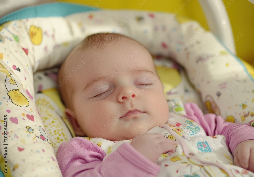Peaceful baby napping in a cozy colorful crib under warm sunlight Peaceful baby napping in a cozy colorful crib under warm sunlight