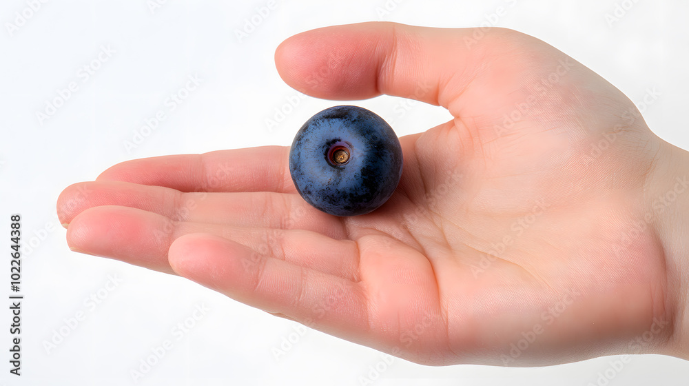 Top view of a blueberry resting on an open hand isolated on a white background Top view of a blueberry resting on an open hand isolated on a white background
