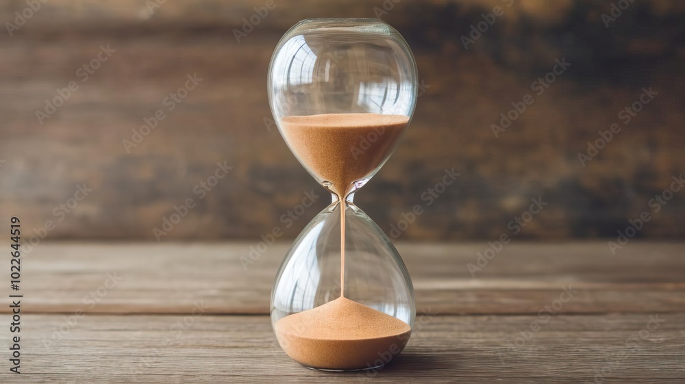 Elegant hourglass on wooden table symbolizes the passage of time, perfect for themes of time management and reflection. Elegant hourglass on wooden table symbolizes the passage of time, perfect for themes of time management and reflection.