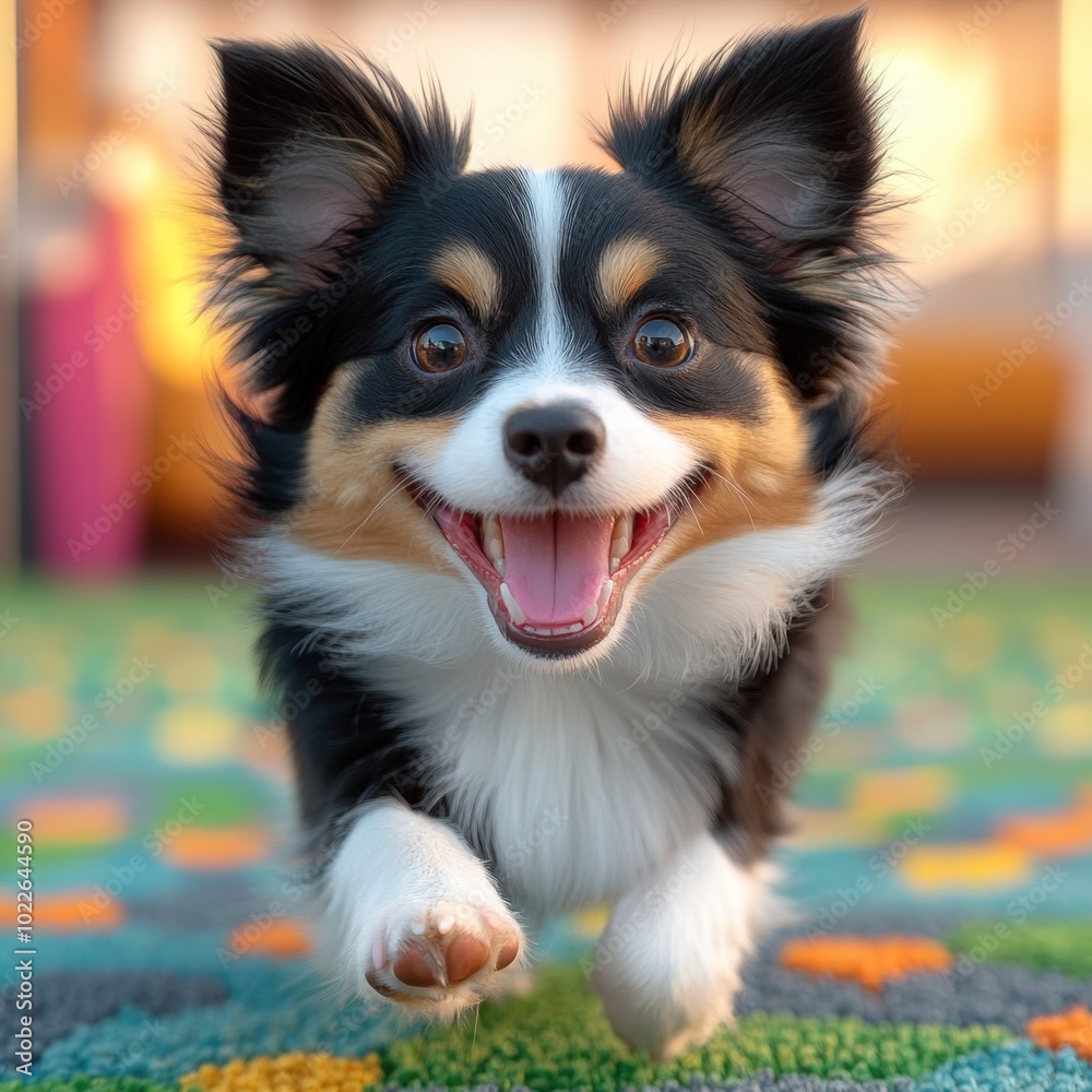 Energetic dog runs joyfully on colorful carpet in a cozy indoor space during the afternoon Energetic dog runs joyfully on colorful carpet in a cozy indoor space during the afternoon