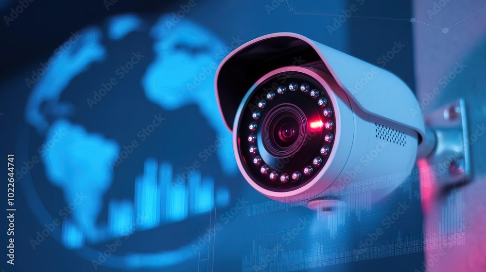 High-tech surveillance camera monitoring safety in a modern digital world with a global interface. High-tech surveillance camera monitoring safety in a modern digital world with a global interface.