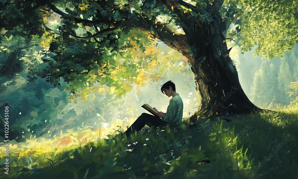 A solitary figure reading a book under a large tree in a forest A solitary figure reading a book under a large tree in a forest