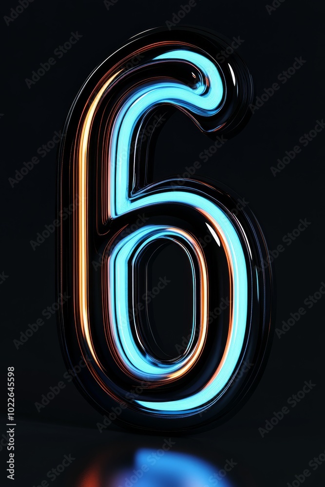 The number 6 made in sleek 3D style with a smooth futuristic design and glowing neon blue edges, floating against a dark background with subtle digital wave patterns. The number 6 made in sleek 3D style with a smooth futuristic design and glowing neon blue edges, floating against a dark background with subtle digital wave patterns.