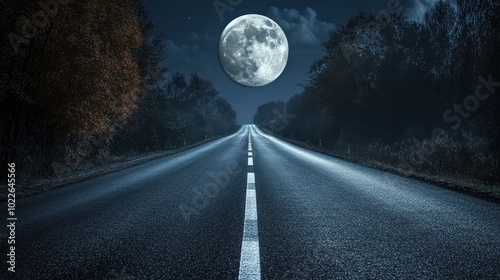 empty asphalt road in the middle of the forest on a full moon night