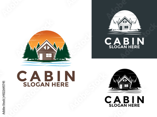 Cabin Wood Logo, Cabin Resort Logo, cabin house, cottage, dorm, villa, homestead, barn, homestay logo vector illustration design