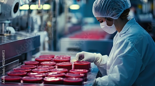 A Woman in a White Lab Coat and Gloves Packaging Red Containers in a Factory