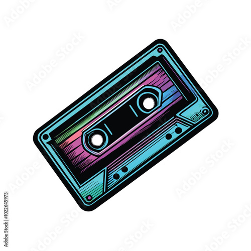 A retro cassette tape with neon accents and a holographic effect, rendered in a cartoon style.