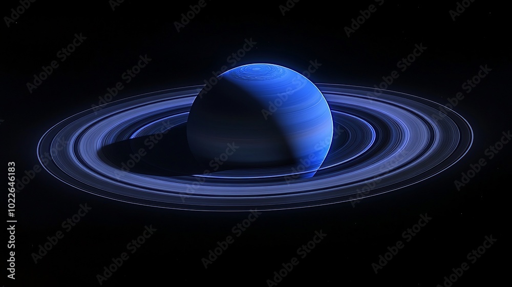 A blue planet with rings in a dark space.