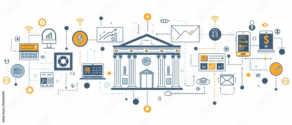 Fintech vector illustration featuring connected icons representing financial technology services, innovative banking solutions, digital transactions, and mobile payment systems Fintech vector illustration featuring connected icons representing financial technology services, innovative banking solutions, digital transactions, and mobile payment systems