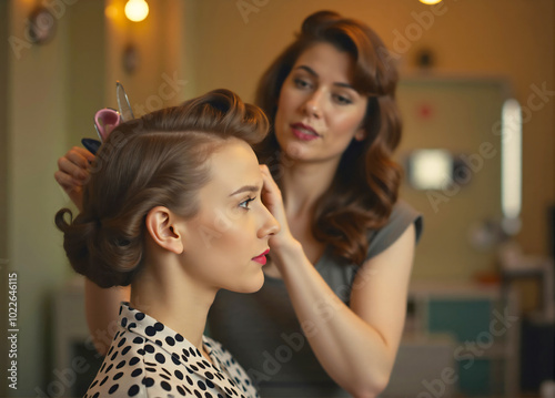 Hairdresser styling hair of client in vintage hair salon