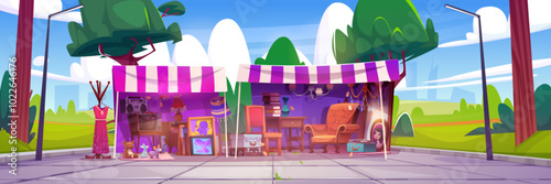 Flea market stall in city park. Vector cartoon illustration of garage sale tent with vintage goods, retro tv, player, lamps, toys, books, second hand furniture, suitcases and pictures, cityscape view