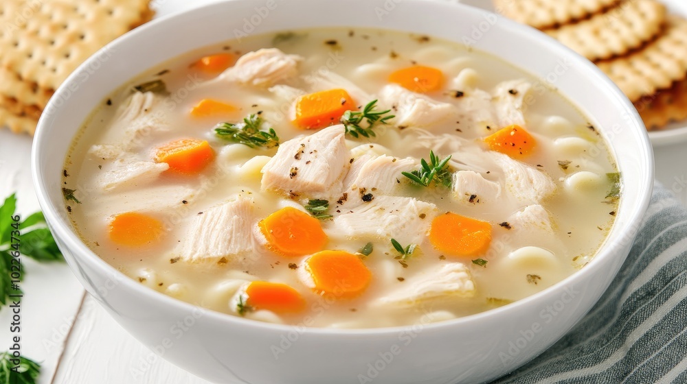 Delicious Chicken Soup with Vegetables and Crackers Delicious Chicken Soup with Vegetables and Crackers
