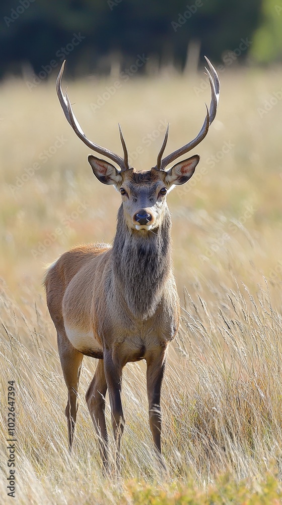 Obraz premium Majestic stag standing tall in golden grasslands during a serene afternoon