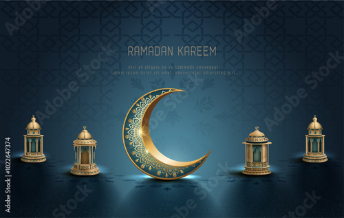 islamic greetings ramadan kareem card design with crescent and lanterns