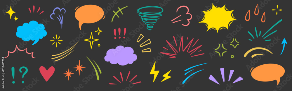 Comic cartoon effect cute element set. Comic speech bubble, emoji symbol, star spark, line movement cartoon vector icon. Cute hand drawn doodle speed motion, funny spark. Vector illustration Comic cartoon effect cute element set. Comic speech bubble, emoji symbol, star spark, line movement cartoon vector icon. Cute hand drawn doodle speed motion, funny spark. Vector illustration