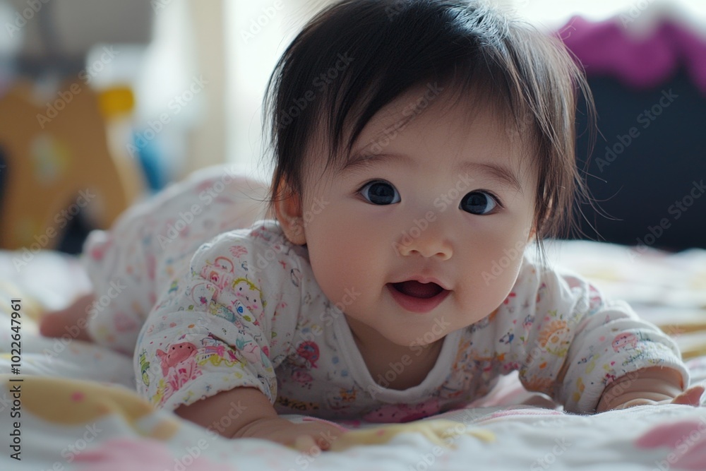 A joyful baby explores the world while crawling on a soft, colorful blanket in daylight