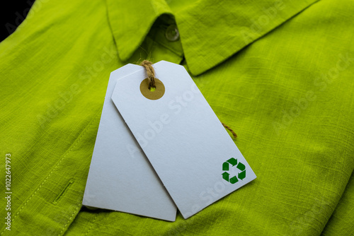 Abstract white paper blank tags tie with brown natural cord and recycle sign on green shirt. Ideal for labeling, price tag, brand, retail price, sell, label etc.,	
