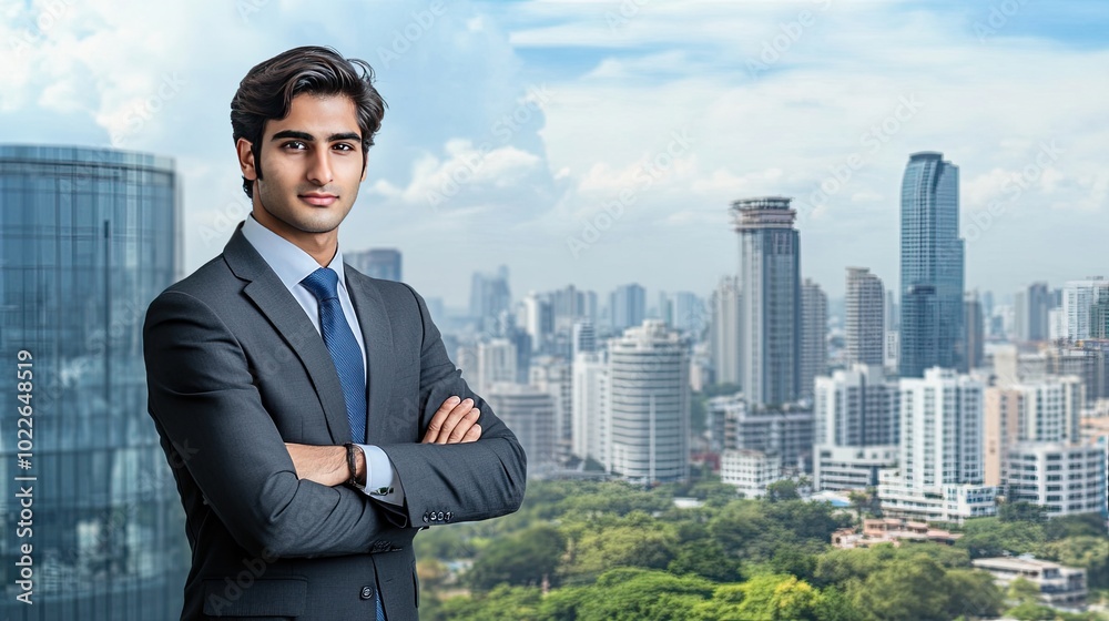 Confident Businessman Overlooking City Skyline Confident Businessman Overlooking City Skyline