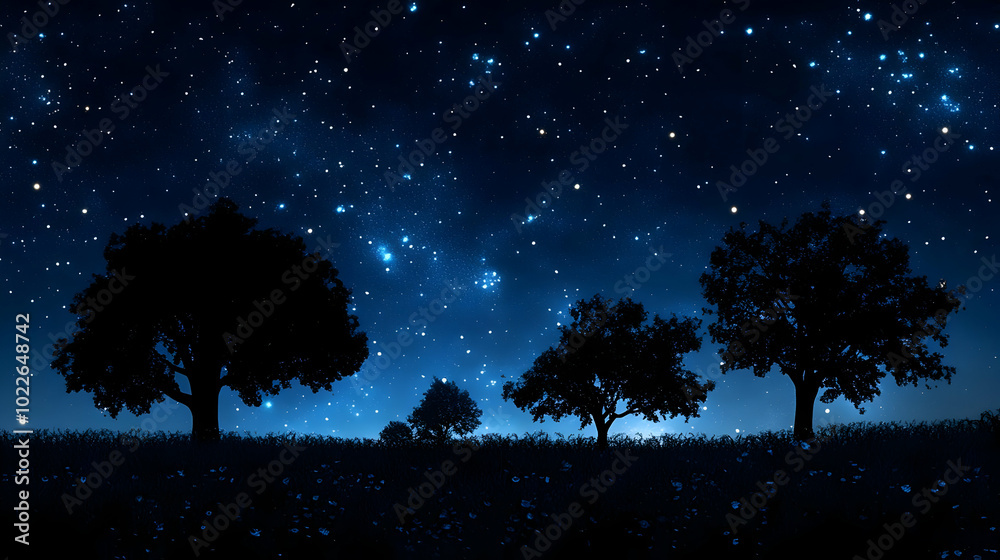 Silhouettes of Trees Stand Tall Against a Starry Night Sky, a Dramatic and Peaceful Nighttime Landscape
