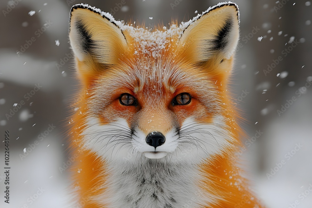 Fototapeta premium a close-up of a red fox with its vibrant fur standing out against a snowy background. close-up of a red fox in a snowy forest, wildlife