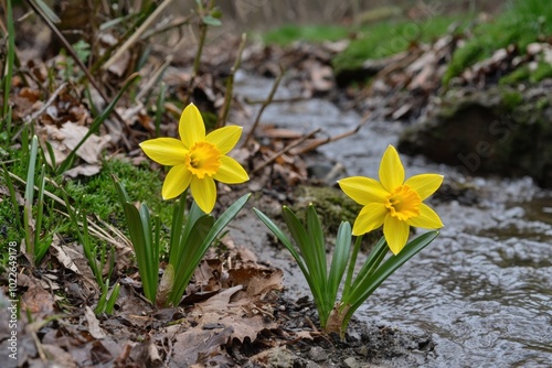 Bright yellow daffodils bloom beside a gentle stream in early spring's embrace photo