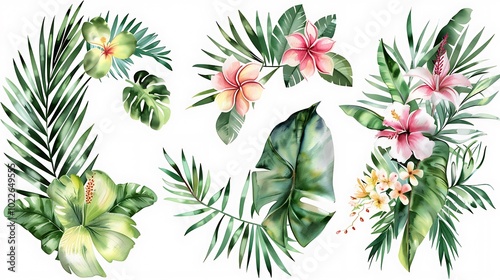 Vibrant Hibiscus Flower with Green Leaves Illustration - Illustrated image of a vibrant hibiscus flower with green leaves. Ideal for tropical themes, nature-inspired designs, and botanical projects.