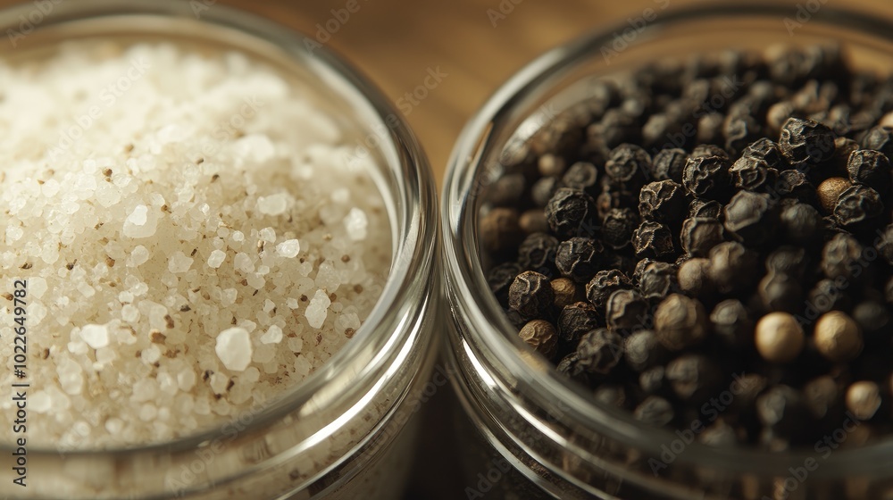 Spices in Jars: Salt and Pepper Close-up Spices in Jars: Salt and Pepper Close-up