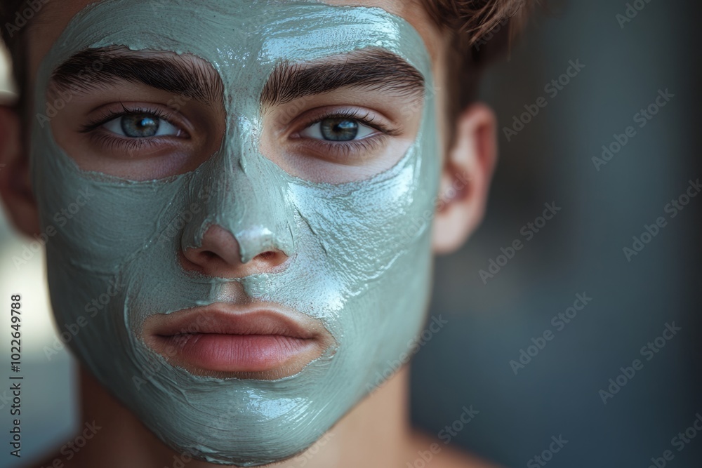 Fototapeta premium Man with a green face mask on. The man has a serious look on his face