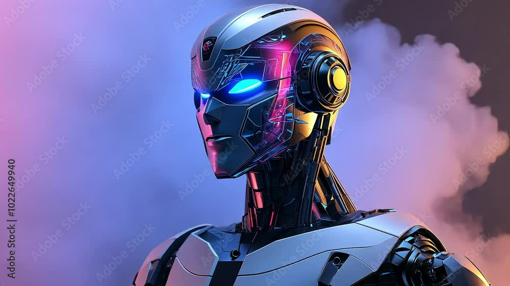 A futuristic robot with a transparent head and glowing blue eyes stands against a pink and blue smoke background. A futuristic robot with a transparent head and glowing blue eyes stands against a pink and blue smoke background.