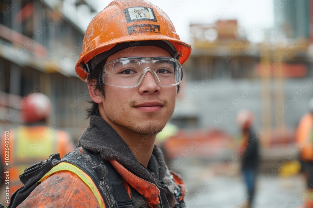 Fototapeta premium Man wearing a hard hat and safety glasses is smiling for the camera. He is standing in front of a construction site