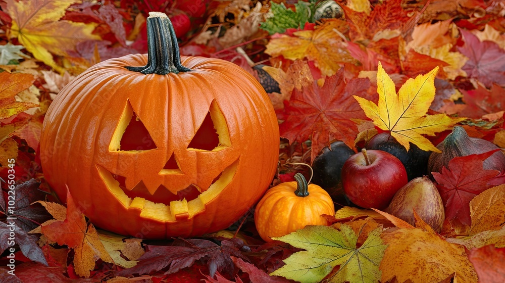 Festive Halloween Pumpkin Surrounded by Autumn Leaves