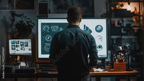 Businessman Analyzing Data on Computer Screen in Office