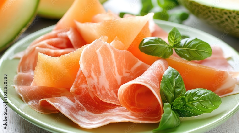 Delicious Melon and Ham Platter with Fresh Herbs Delicious Melon and Ham Platter with Fresh Herbs