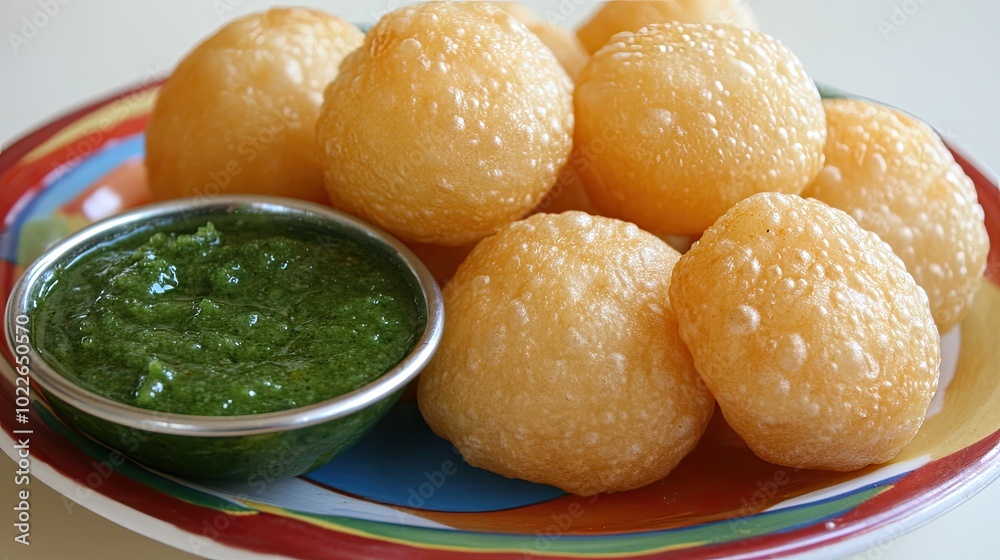Crispy Indian Snack with Green Sauce and Plated Presentation Crispy Indian Snack with Green Sauce and Plated Presentation