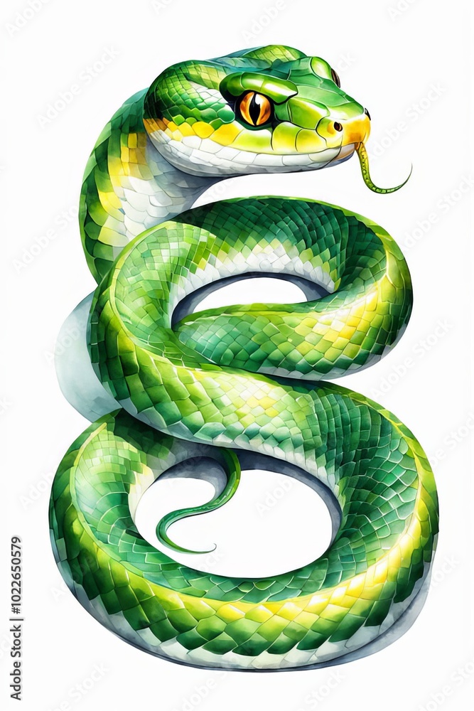 Fototapeta premium Drawing of a green snake on a white background. The symbol of the new year 2025.